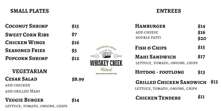 Whiskey Creek Hide Out - Food Menu