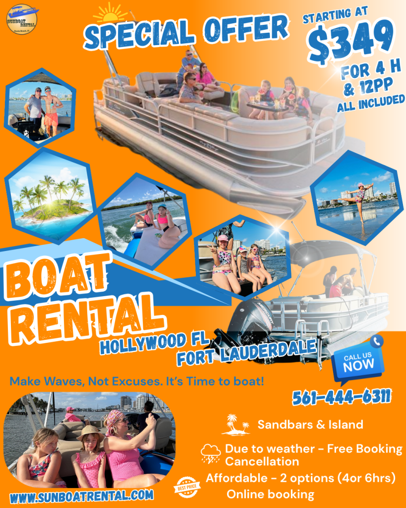 Sunboat Rental, Dania Beach Florida. Hollywood, Miami, Fort Lauderdale. Boat Rental, Pontoon, Affordable, self-driving. Sandbars